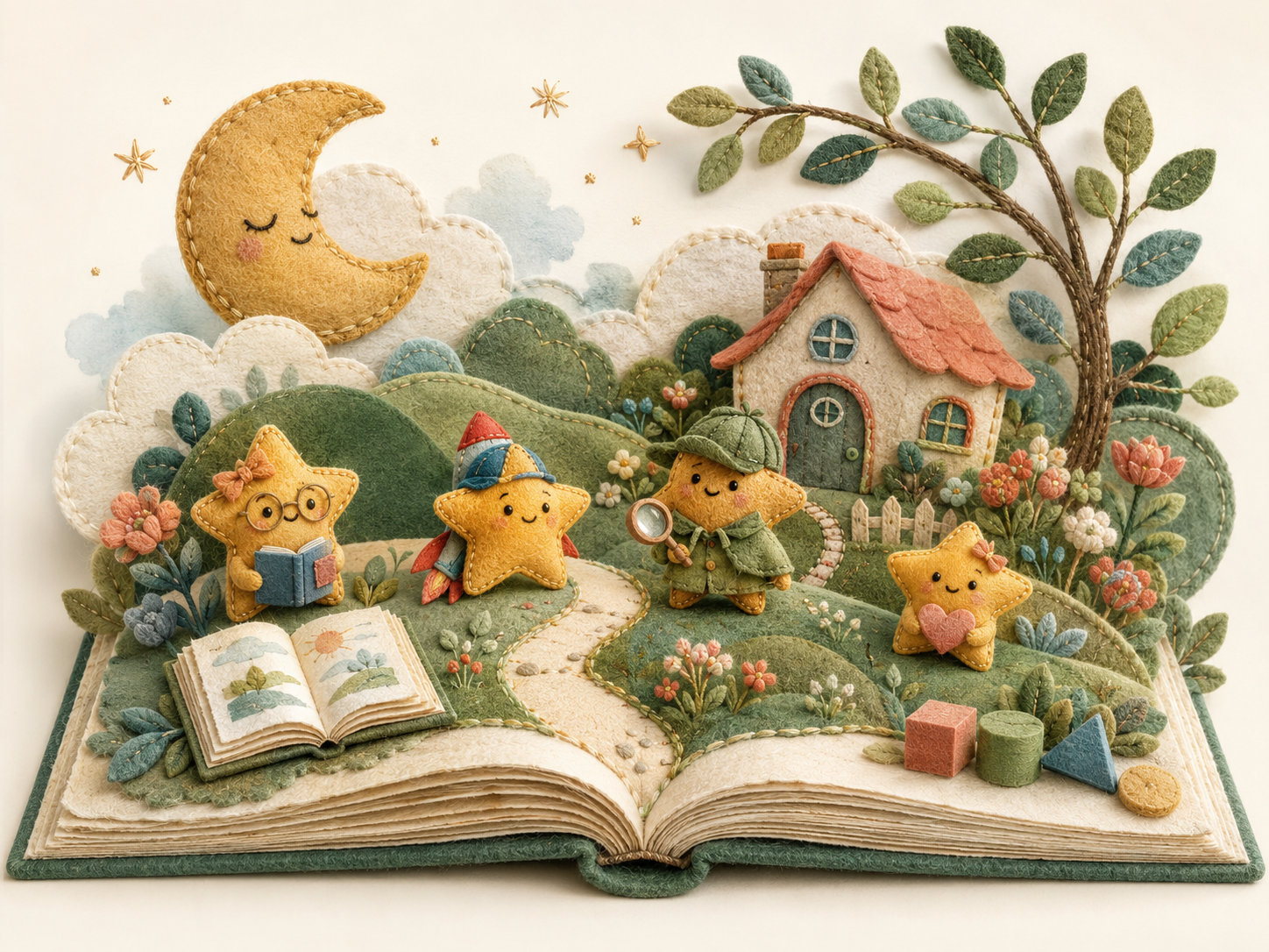 An open storybook growing into a garden of stars, flowers, and a leafy tree